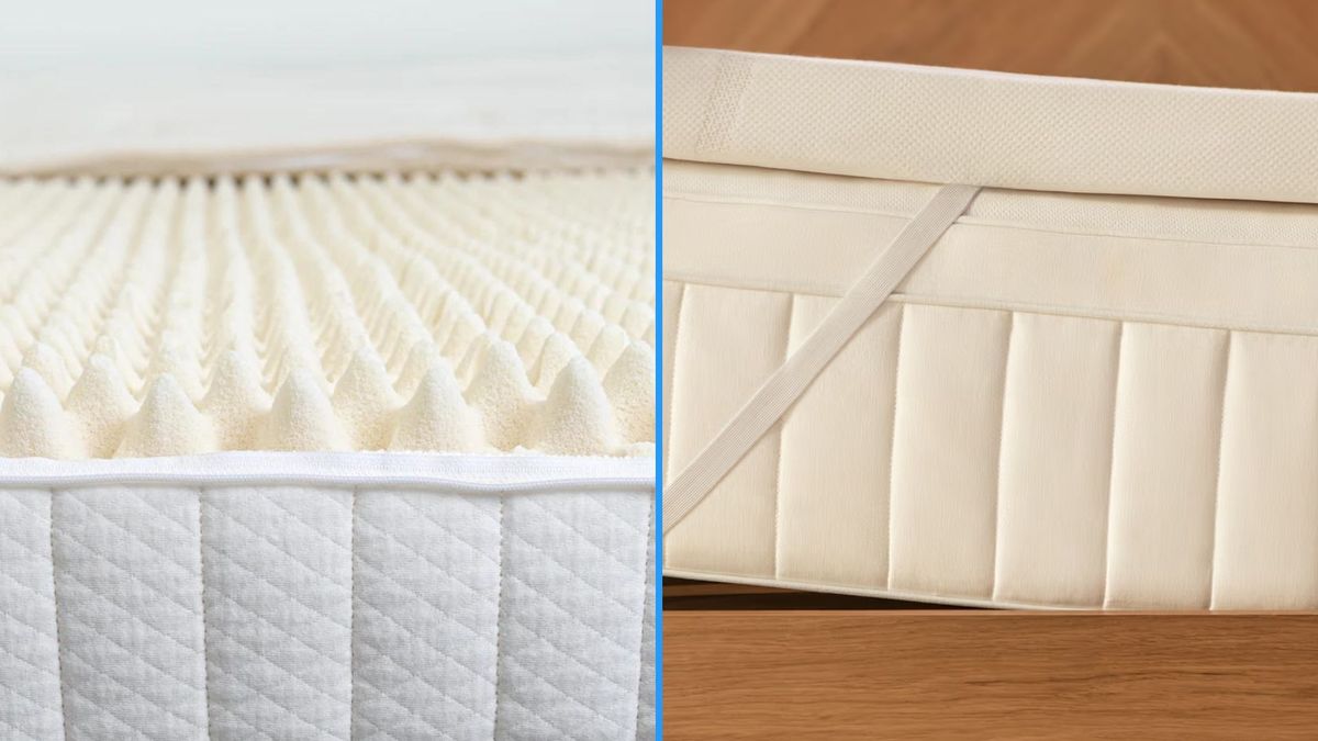 A split screen of the Turmerry Egg Crate Mattress Topper vs the Tempur-Pedic Tempur-Adapt Memory Foam Topper