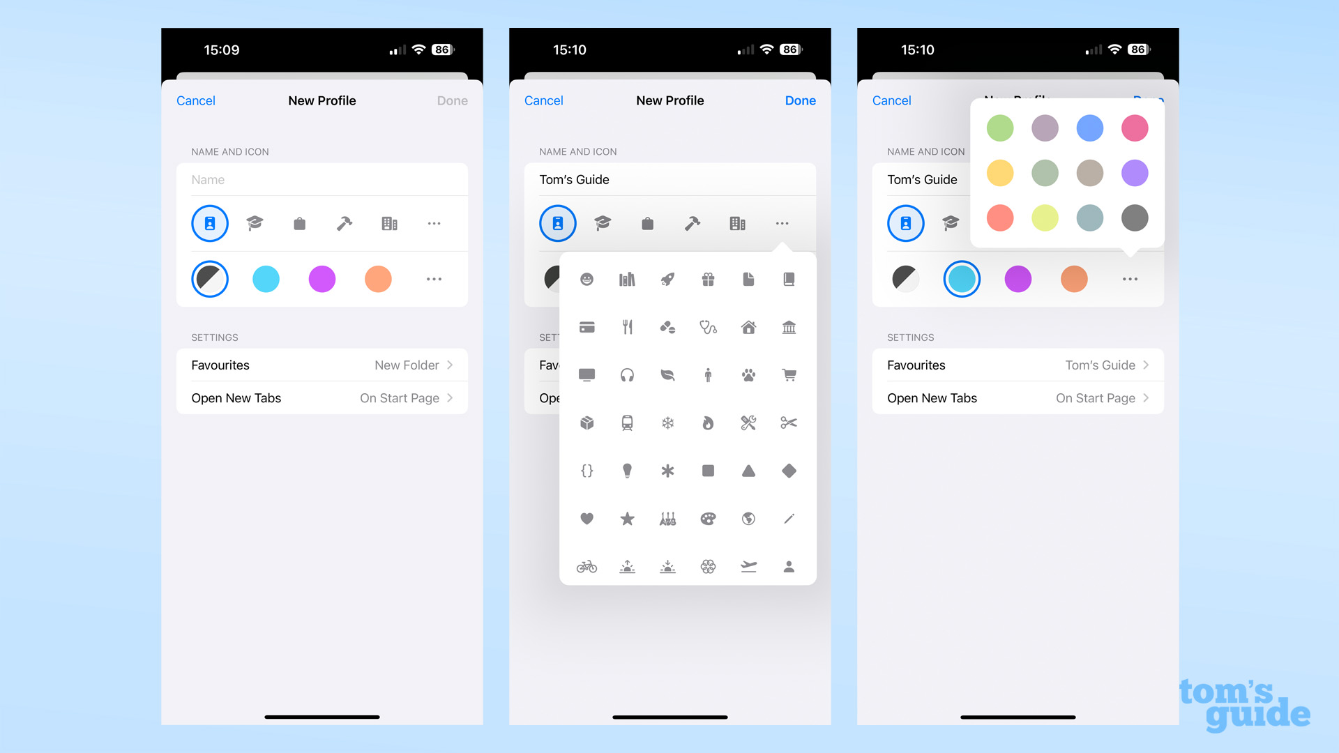 Capturas de pantalla que muestran las opciones de personalización para los perfiles de Safari de iOS 17