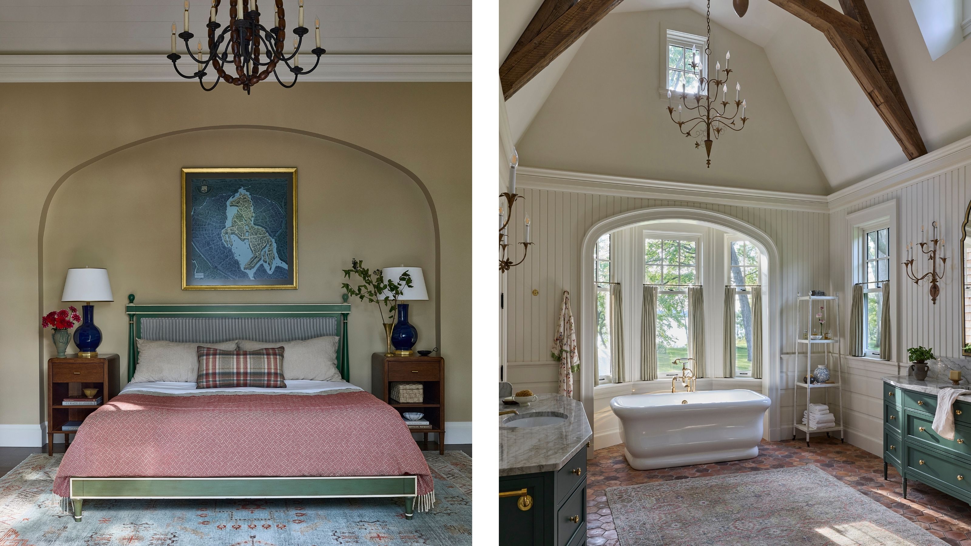 Split image: A cozy bedroom with a green bed frame and coral bedding alongside a spacious bathroom with exposed wooden ceiling beams, freestanding soaking tub, and green vanity.