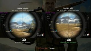 AMD demonstrating the benefits of AMD CrossFire's alternate frame rendering in Vega