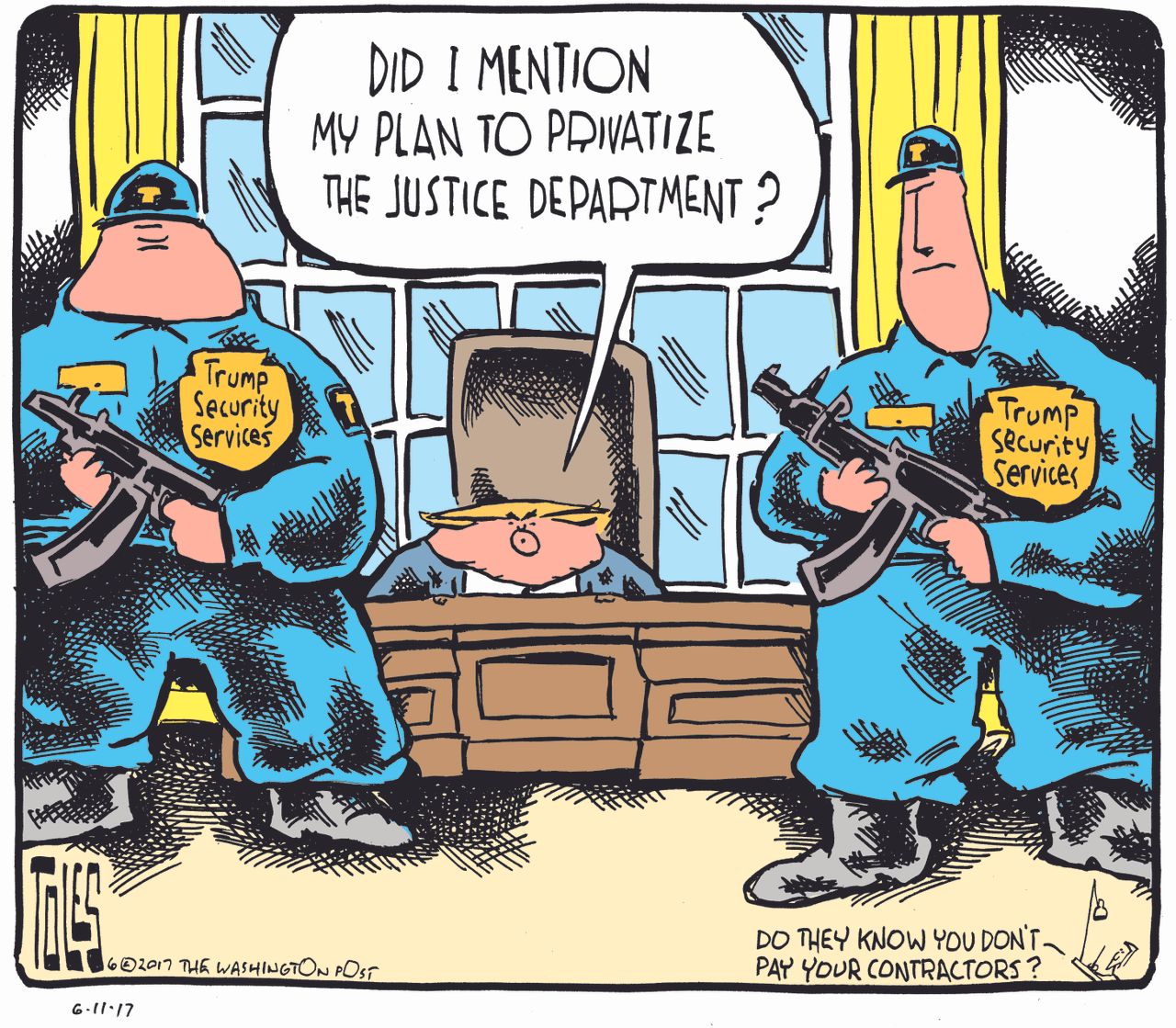 Political cartoon U.S. Trump justice department privatization