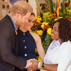 Prince Harry, Duke of Sussex and Meghan, Duchess of Sussex (C) are welcomed to Colombia by Vice President Francia Márquez at her official residence on August 15, 2024 in Bogota, Colombia. 