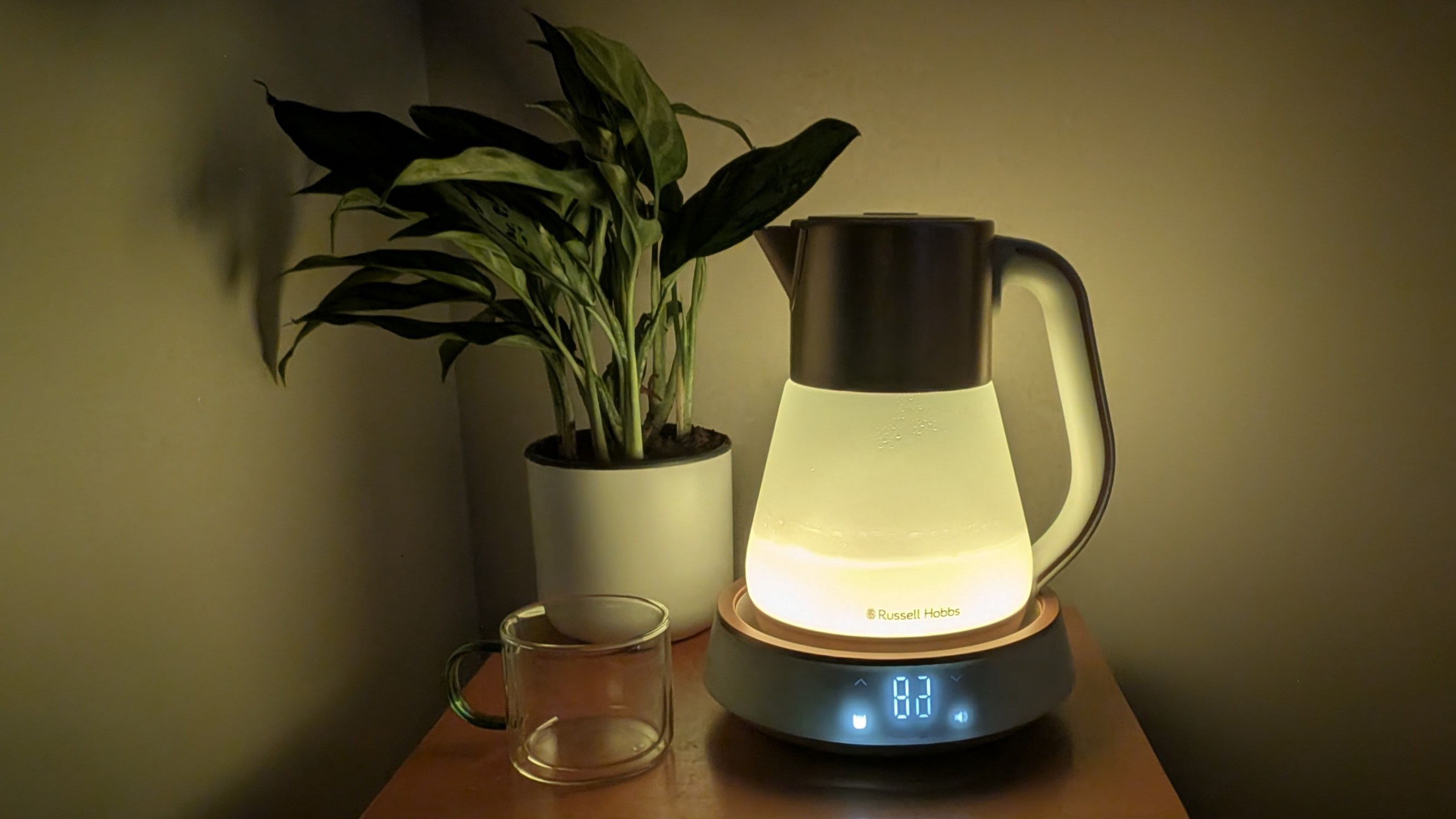 Russell Hobbs Calm Kettle boiling water while illuminated yellow