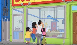 Bob's Burgers family looks into their restaurant to see Homer