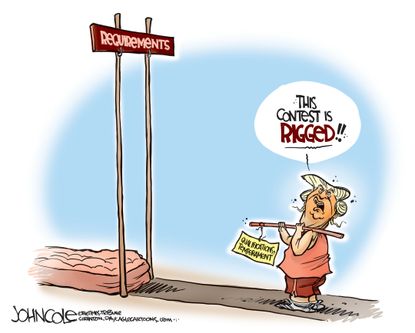 Political cartoon U.S. Donald Trump hurdle requirements presidency election rigged
