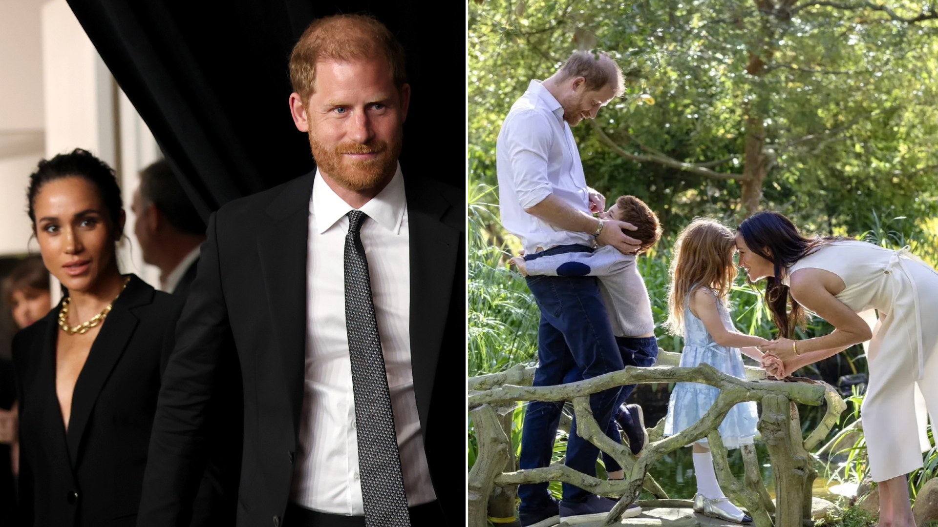 Meghan Markle wears a black dress and a large gold necklace and holds hands with Prince Harry, who has red hair and wears a black suit and white shirt