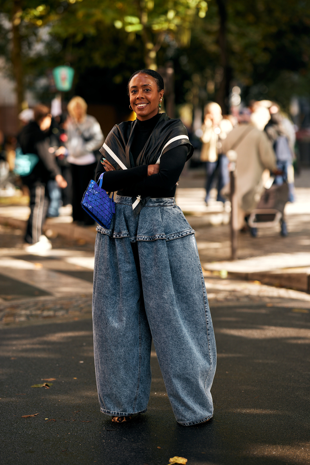 woman wearing oversized bold denim jeans