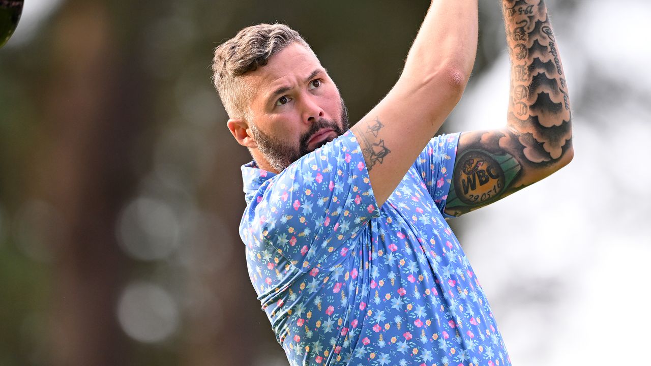 Tony Bellew takes a shot in the BMW PGA Championship Celebrity Pro-Am