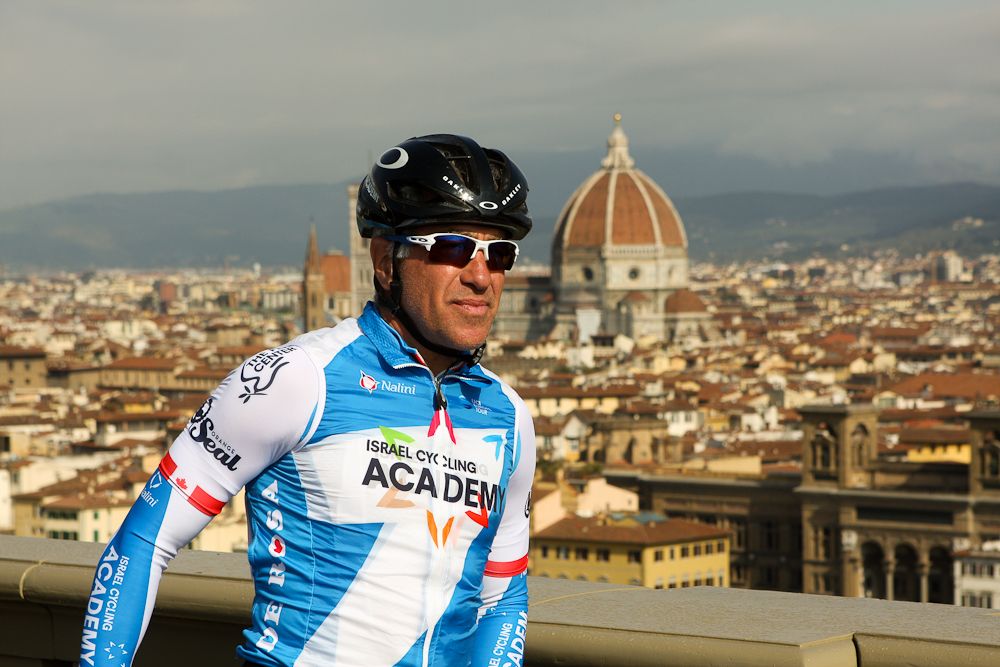 Isarel Cycling Academy co-owner Sylvan Adams waits in Piazza Michelangelo overlooking Florence to start the Gino Bartali ride