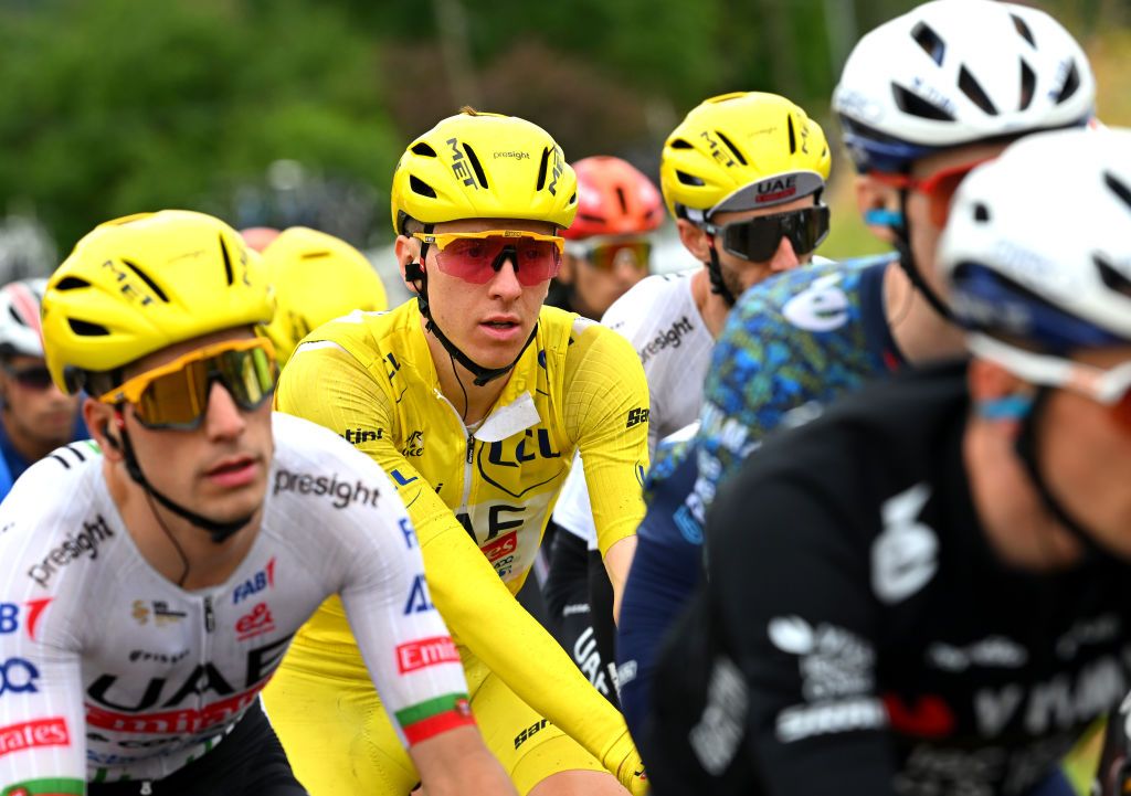 COLOMBEYLESDEUXEGLISES FRANCE JULY 06 Tadej Pogacar of Slovenia and UAE Team Emirates Yellow Leader Jersey competes during the 111th Tour de France 2024 Stage 8 a 1834km stage from SemurenAuxois to ColombeylesDeuxEglises 352m UCIWT on July 06 2024 in ColombeylesDeuxEglises France Photo by Dario BelingheriGetty Images