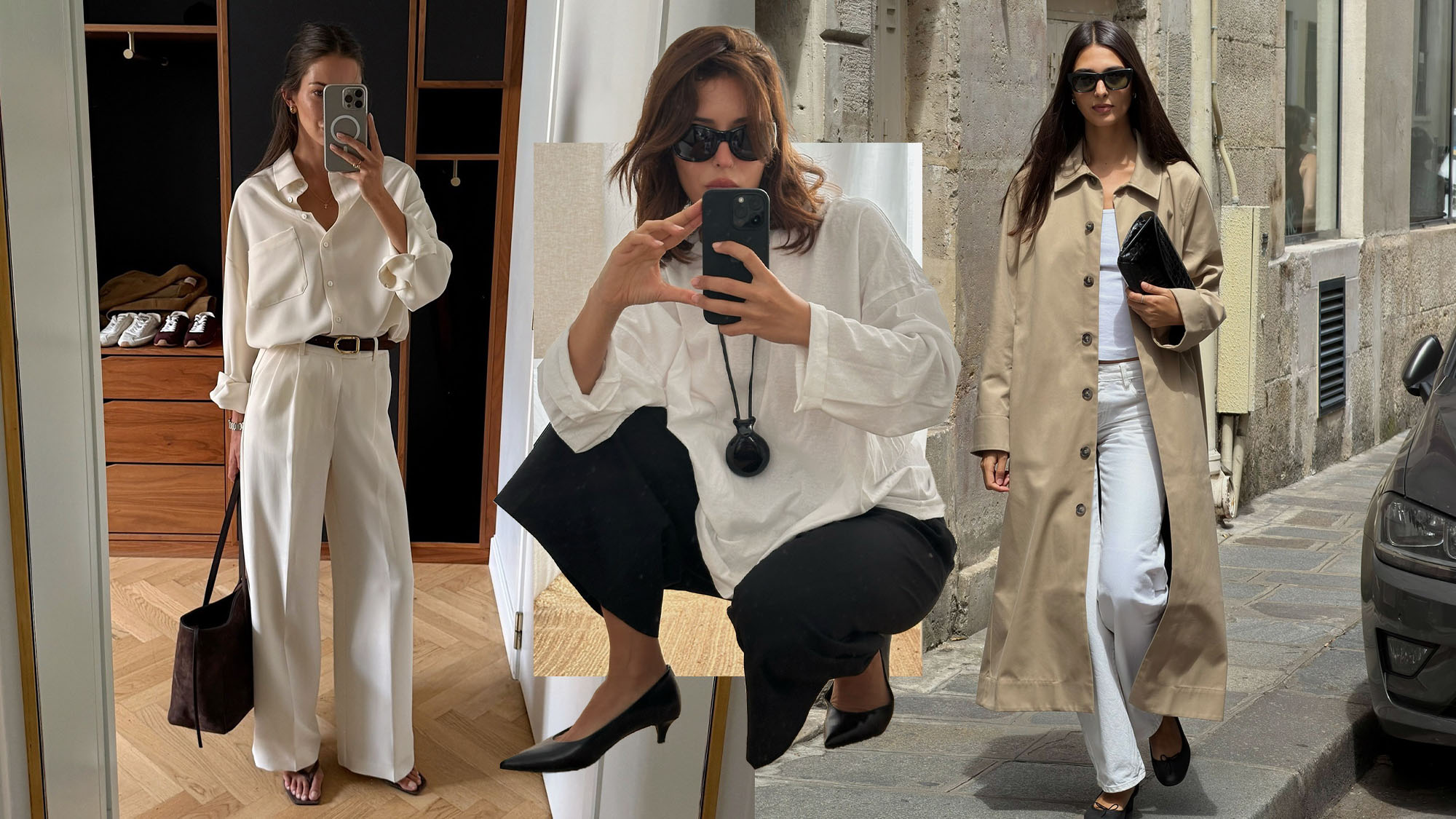 @fakerstrom wearing a white button-down and trousers; @deborabrosa wearing a white long sleeve T-shirt and black pants; @salome.mory wearing a trench coat