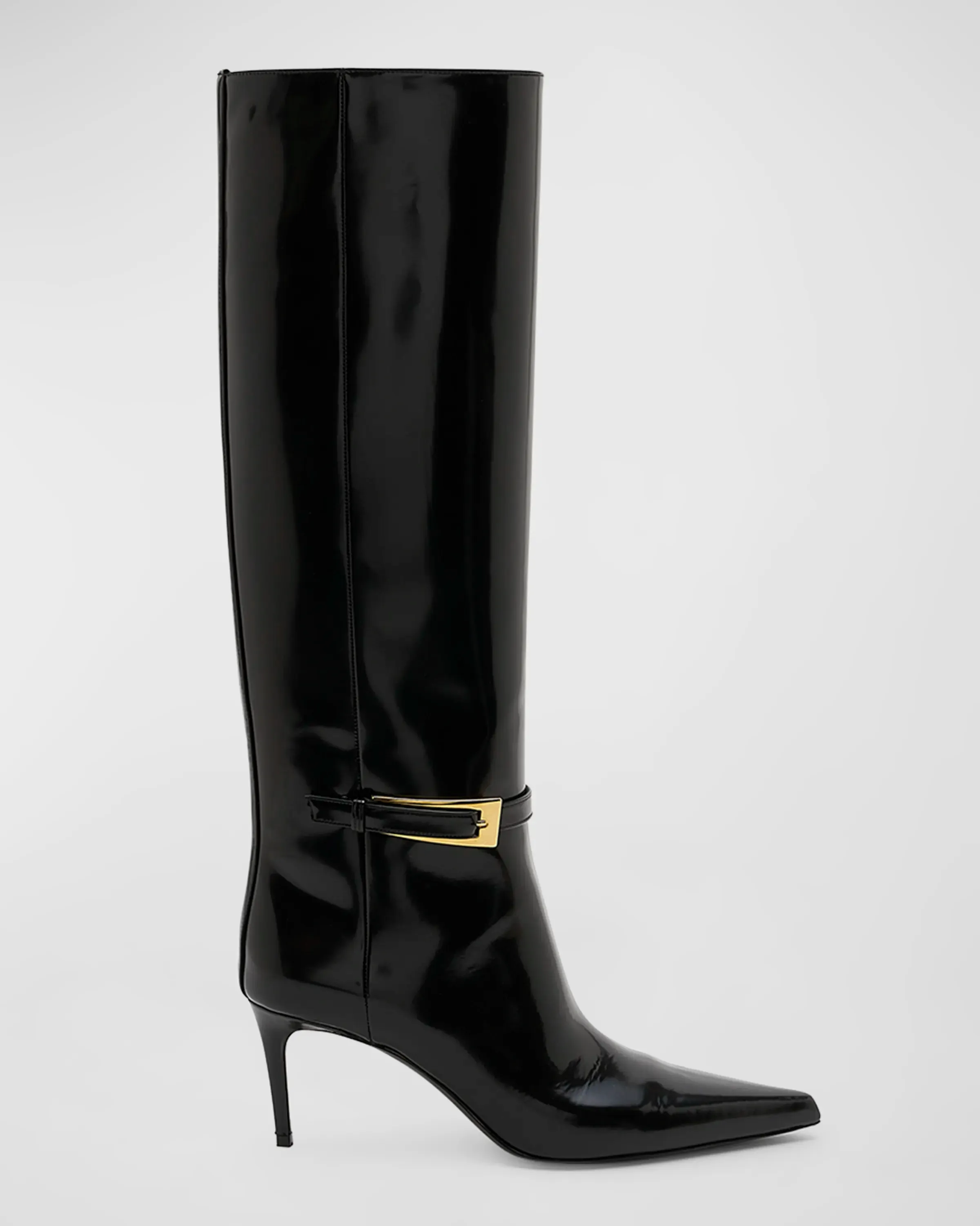 Lee Buckled Glossed-Leather Knee Boots