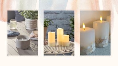 collage image of three of the best flameless candles including a concrete vessel, solar powered pillars and decorative shell candles
