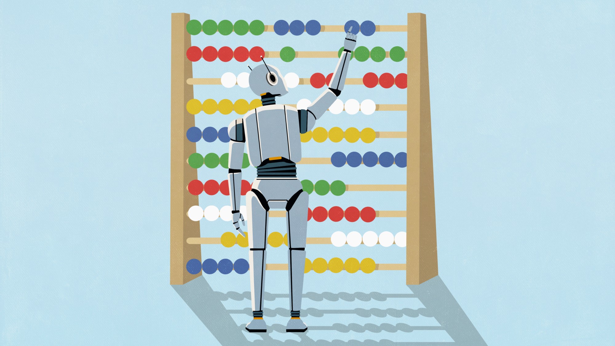 Illustration of humanoid robot adjusting beads on large abacus against blue background
