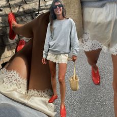 Collage of a French outfit idea from style influencer Laura Vidrequin Roso wearing black Wayfarer sunglasses, a gray sweatshirt, raffia shoulder bag, ivory Doen lace-trimmed silk satin shorts, and The Row red jelly flats