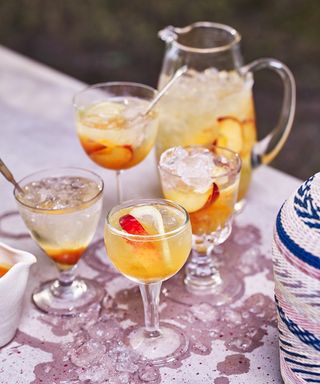 An example of barbecue recipes showing glasses of orange sangria with ice spilled on a table