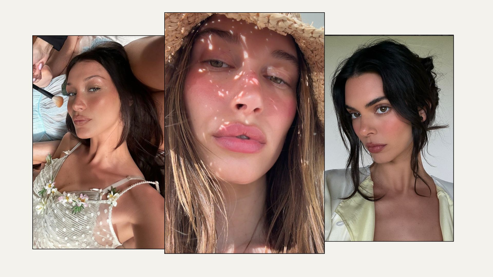 A collage of summer makeup looks on Bella Hadid, Hailey Bieber and Kendall Jenner