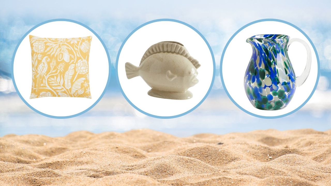 H&amp;M summer home decor items including a yellow throw pillow, a fish vase, and a blue pitcher on a beachy background