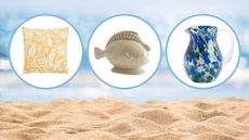 H&M summer home decor items including a yellow throw pillow, a fish vase, and a blue pitcher on a beachy background