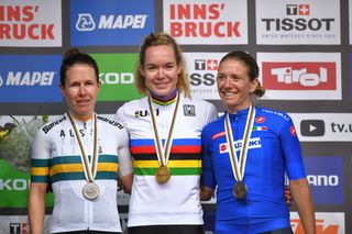 Amanda Spratt, Anna van der Breggen and Tatiana Guderzo on the podium in Innsbruck