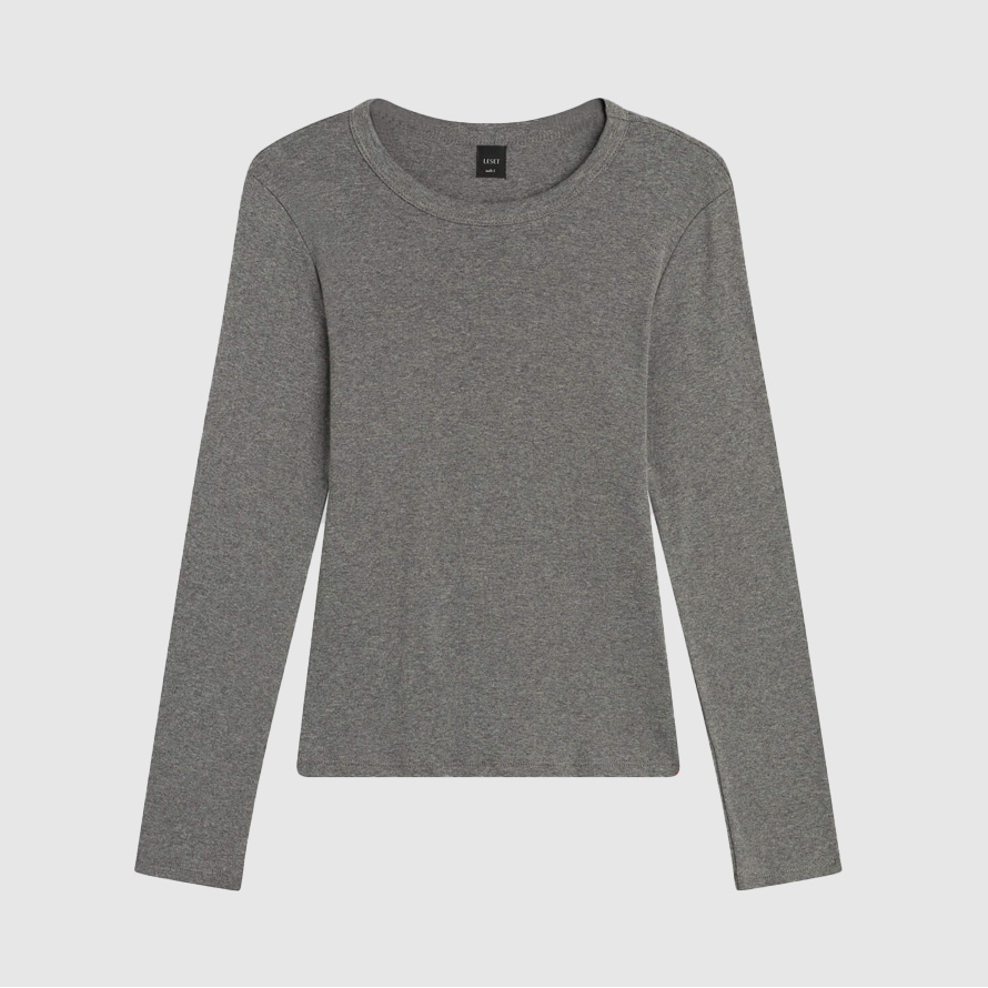 Gray long-sleeve crew-neck T-shirt.