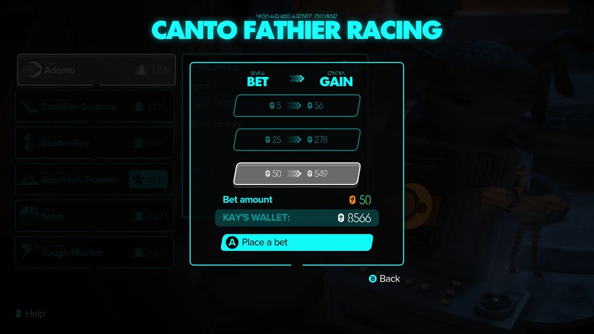 Star Wars Outlaws Fathier racing bet amount
