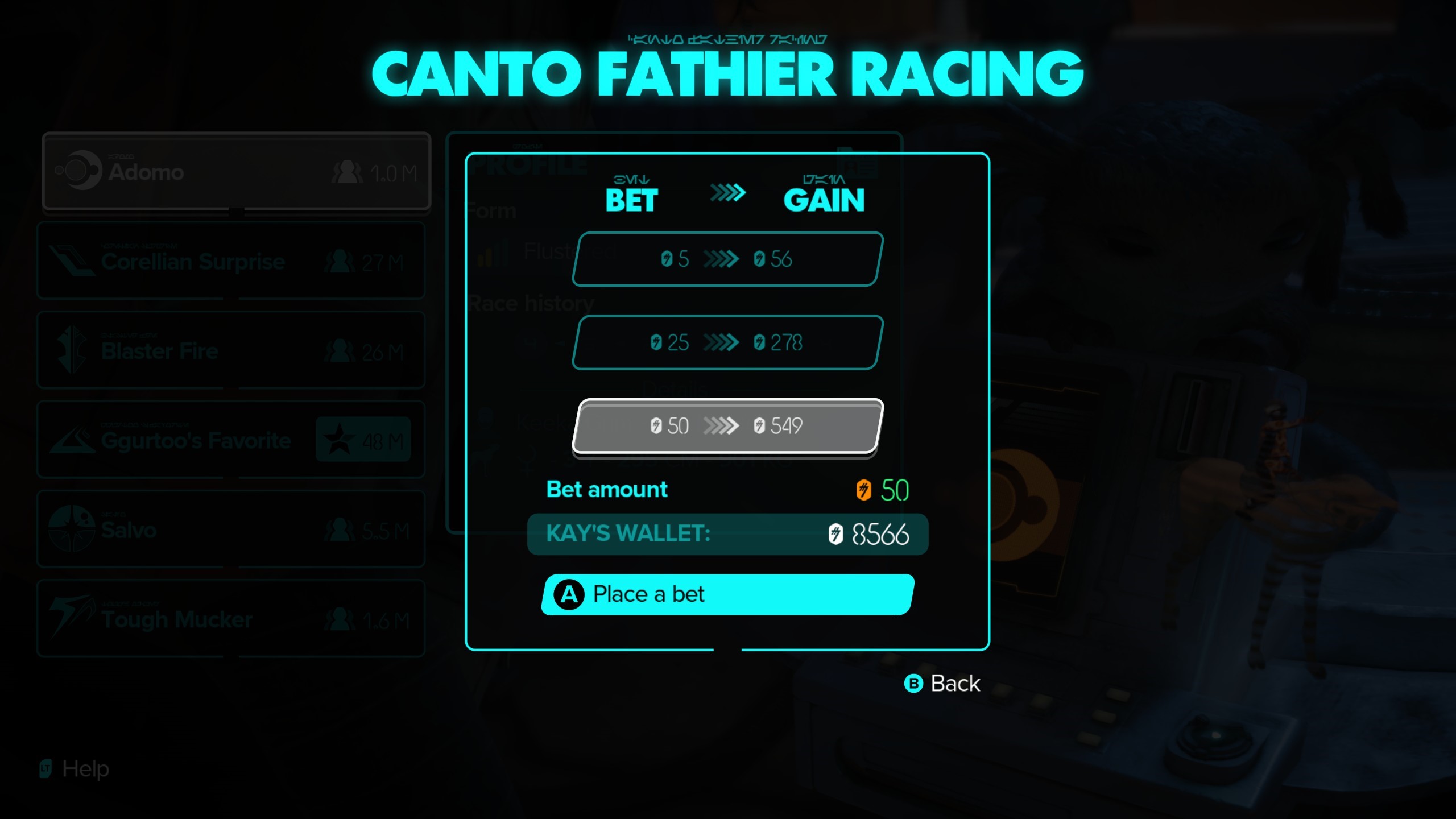 Fathier Race Bet Amount on Star Wars Outlaws