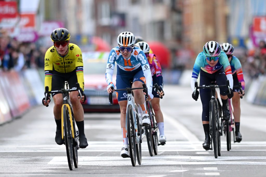 LIEGE BELGIUM APRIL 24 LR Juliette Labous of France and Team dsmfirmenich PostNL and Ricarda Bauernfeind of Germany and Team CanyonSRAM Racing cross the finish line during the 8th Liege Bastogne Liege Femmes 2024 a 1529km one day race from Bastogne to Liege UCIWWT on April 24 2024 in Liege Belgium Photo by Dario BelingheriGetty Images