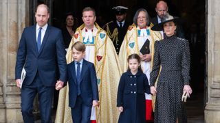 Prince William, Duke of Cambridge, Prince George of Cambridge, Princess Charlotte of Cambridge and Catherine, Duchess of Cambridge depart the memorial service for the Duke Of Edinburgh at Westminster Abbey on March 29, 2022 in London, England.