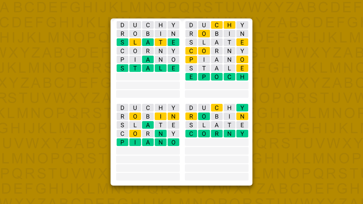 Quordle answers for game 1725 on a yellow background