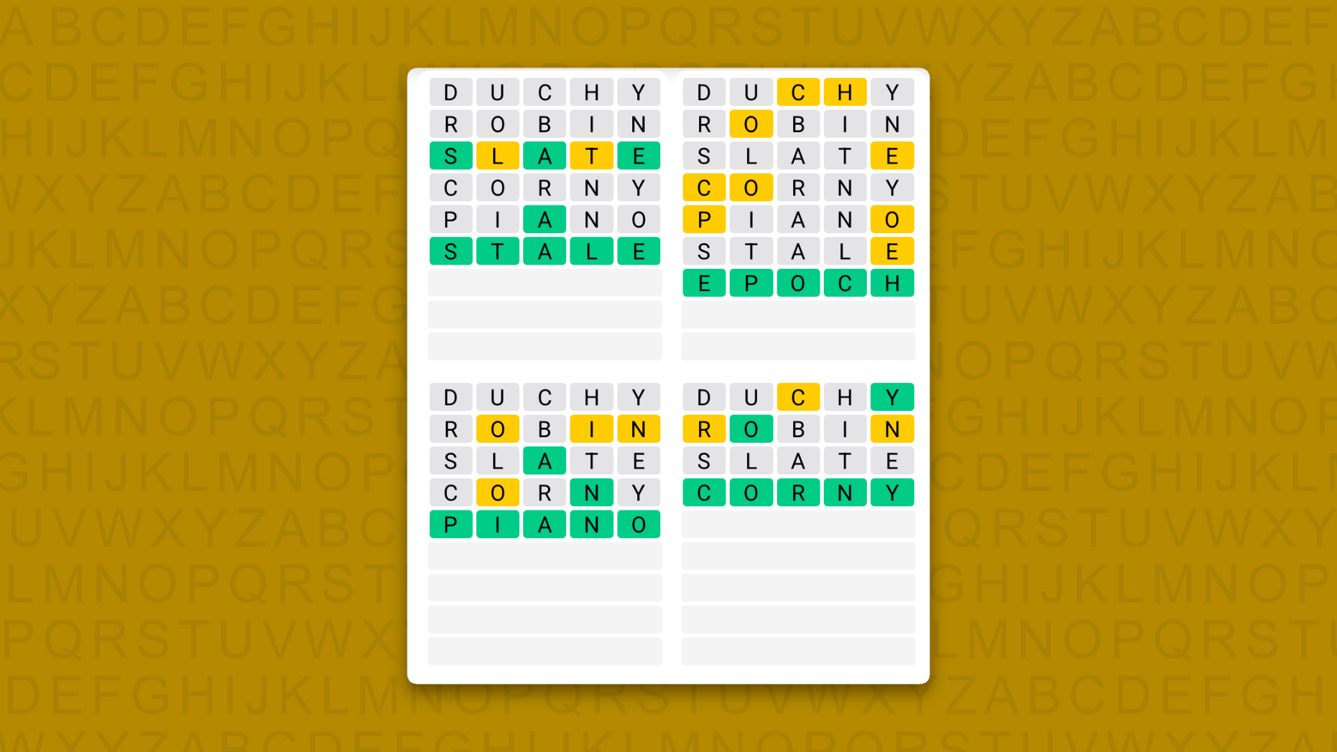 Quordle answers for game 1725 on a yellow background
