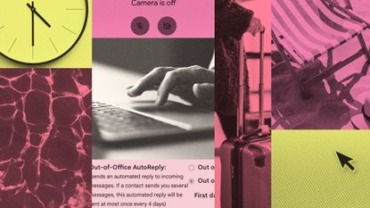 Photo composite of holiday tropes such as pool water, the beach and a suitcase alongside a laptop computer and email