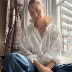 images of Brooke Ely Danielson wearing a white button-down shirt in different styles