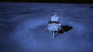 A depiction of China's Chang'e 6 moon lander on the far side of the moon after landing on June 2, 2024.