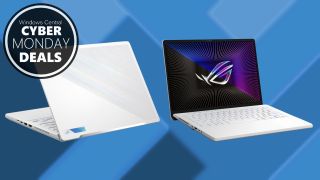 Image of the ASUS Zephyrus G14 (2023) on a blue background for Cyber Monday.