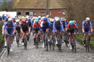 NOKERE BELGIUM MARCH 13 LR Jonas Rickaert of Belgium and Team Alpecin Deceuninck Rick Zabel of Germany and Team Israel Premier Tech Siebe Roesems of Belgium and Team Alpecin Deceuninck and Sebastien Grignard of Belgium and Team Lotto Dstny lead the peloton during the 78th Danilith Nokere Koerse 2024 Mens Elite a 1881km one day race from Deinze to Nokere UCIWT on March 13 2024 in Nokere Belgium Photo by Luc ClaessenGetty Images