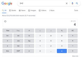 An image showing the in-browser calculator that is part of Google Search.