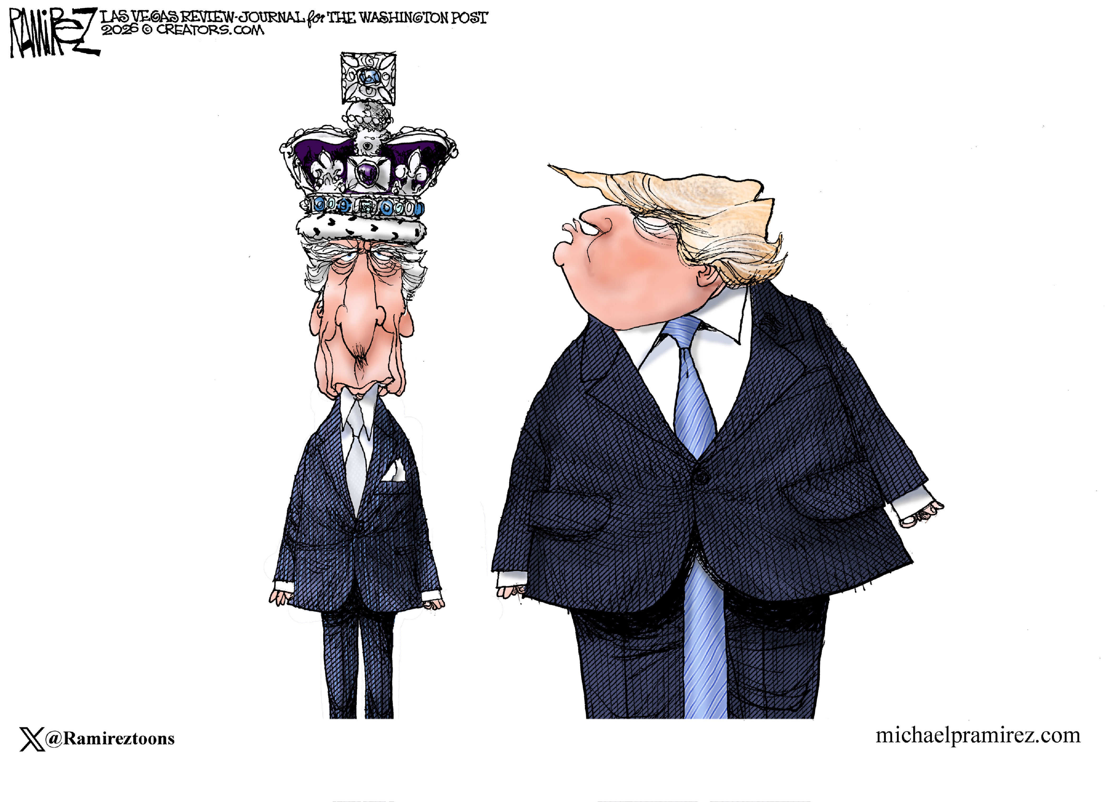 King Charles and Donald Trump stand together. King Charles wears a large, bejeweled crown. Trump looks longingly at the crown, wishing he too was a king.