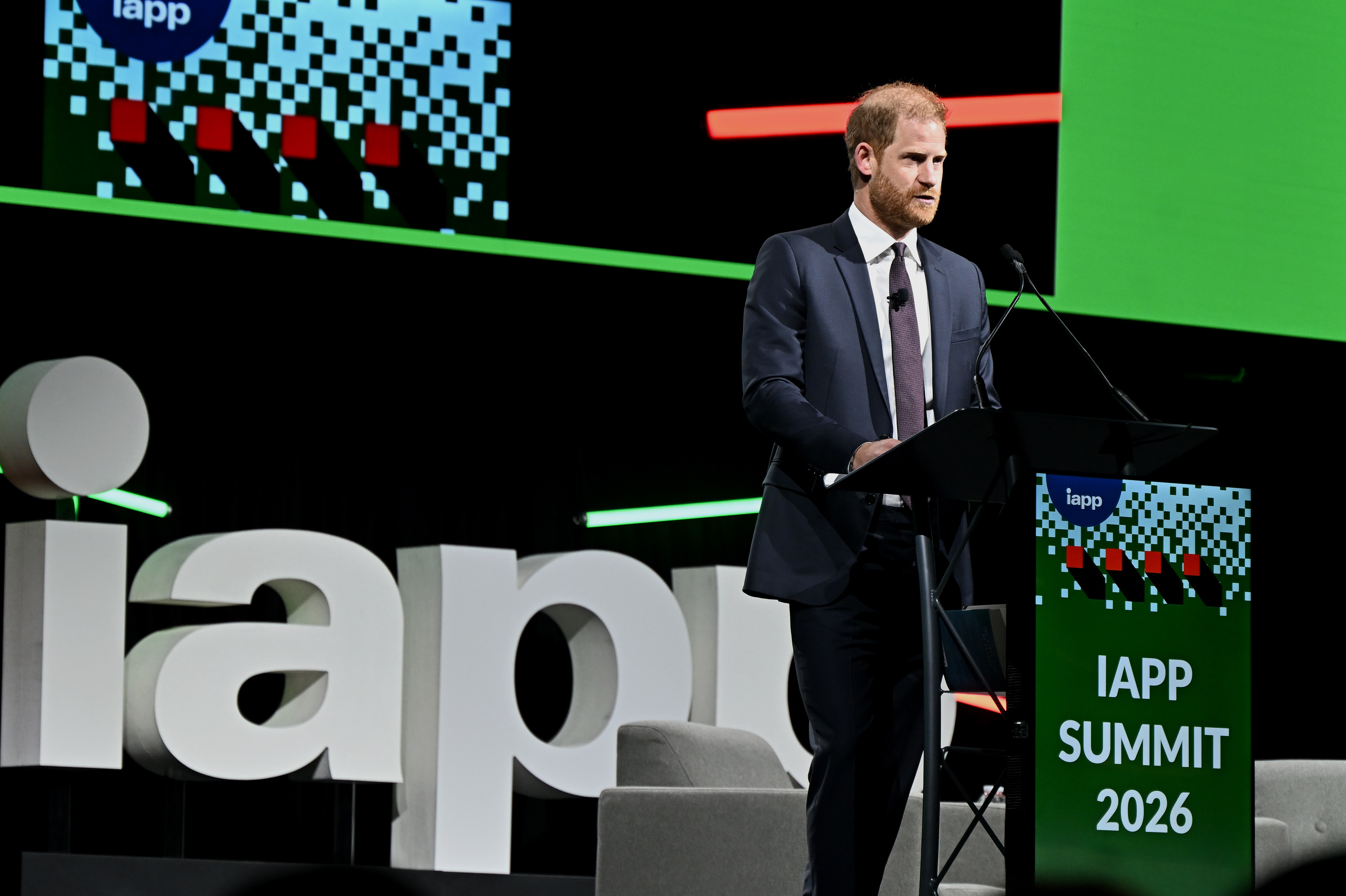 Prince Harry, Duke of Sussex, speaks at the International Association of Privacy Professionals Conference on March 31, 2026 in Washington, DC. (Photo by Shannon Finney/Getty Images)