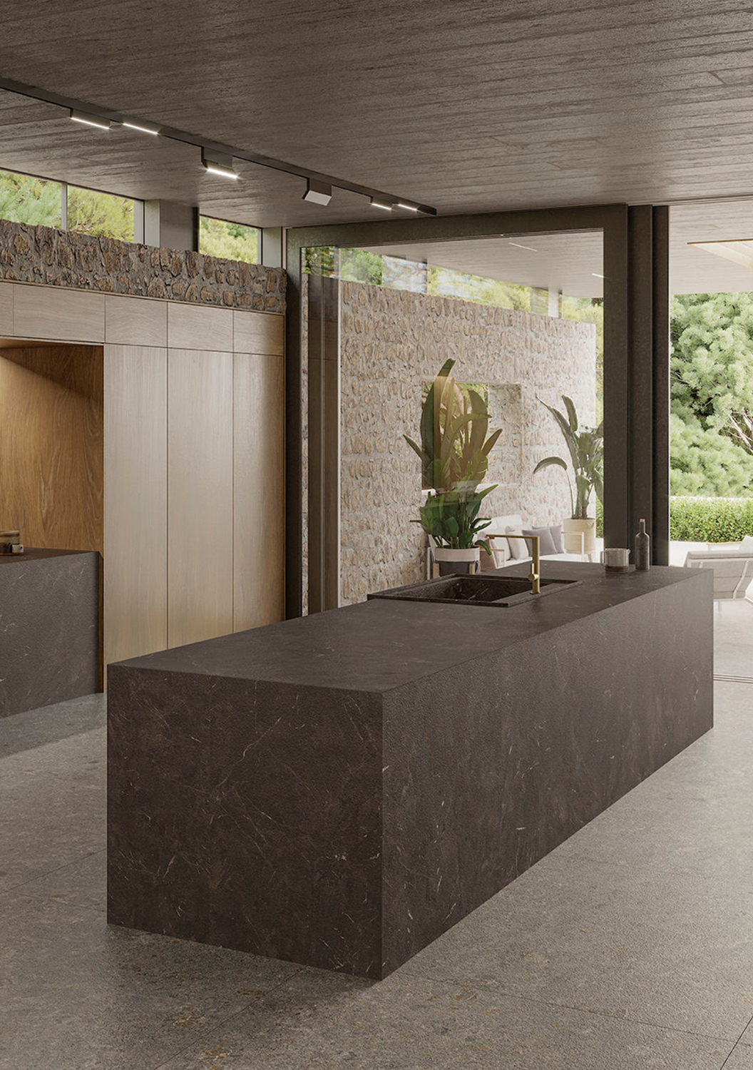 dark waterfall countertop in a modern kitchen in a tropical home