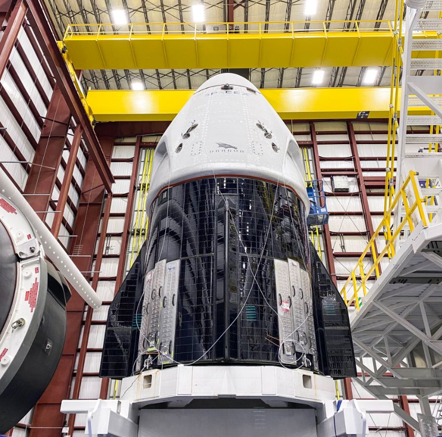 SpaceX&#039;s first Crew Dragon spacecraft for the Demo-2 test fight with astronauts is seen before being mated to its Falcon 9 rocket.