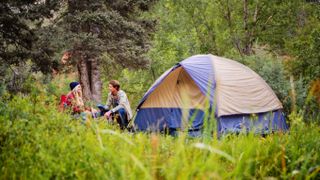 A small group of young adults camping with a tent in the wilderness of the Western United States