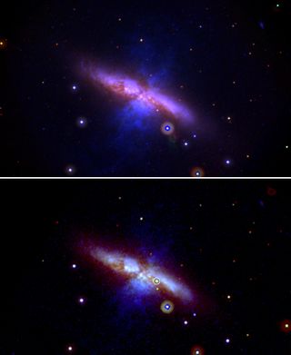 These Swift UVOT images show M82 before (top) and after the new supernova (bottom). The pre-explosion view combines data taken between 2007 and 2013. The view showing SN 2014J (circled) merges three exposures taken on Jan. 22, 2014. Mid-ultraviolet light is shown in blue, near-UV light in green, and visible light in red. The image is 17 arcminutes across, or slightly more than half the apparent diameter of a full moon.