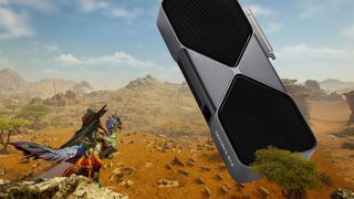 Monster Hunter Wilds key art with a graphics card stuck in the middle of the desert