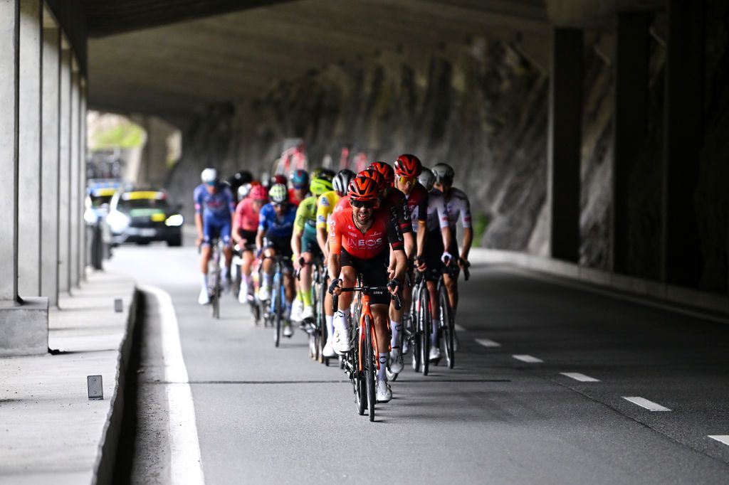LEYSIN SWITZERLAND APRIL 27 Jonathan Castroviejo of Spain and Team INEOS Grenadiers leads the peloton during the 77th Tour De Romandie 2024 Stage 4 a 1592km stage from Saillon to Leysin 1314m UCIWT on April 27 2024 in Leysin Switzerland Photo by Luc ClaessenGetty Images