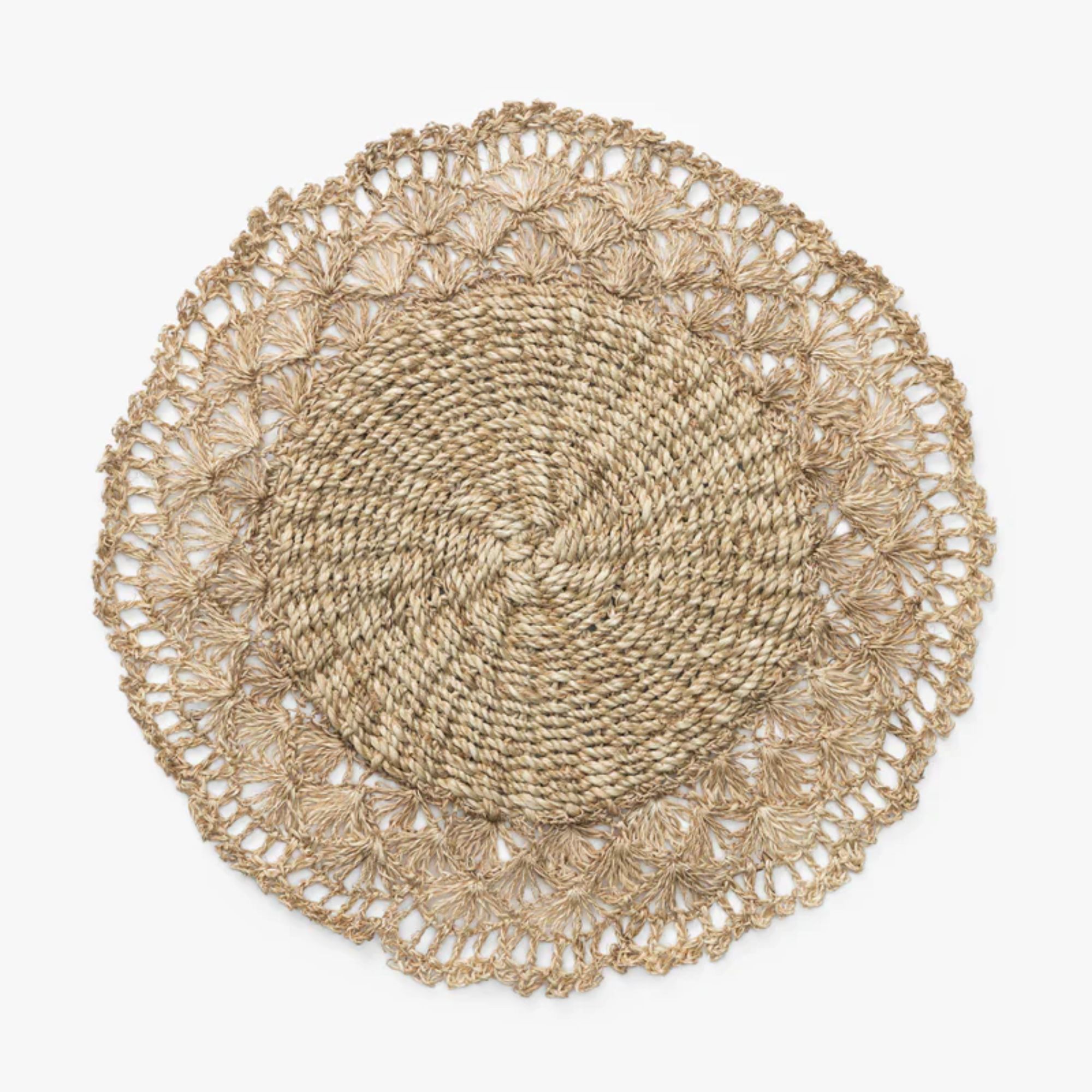 Round woven placemat with crochet-style edges