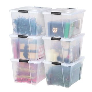 Clear 54 Qt Plastic Storage Box With Lid and Latches - 6 Pack stacked 2 by 4