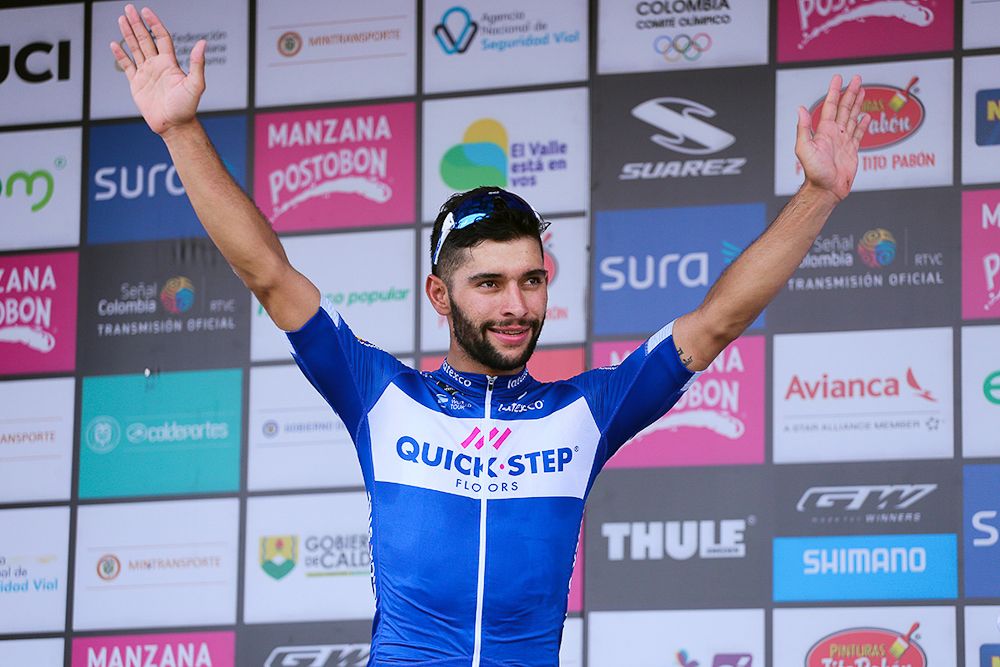 Fernando Gaviria on the podium after winning the opening stage of Colombia Oro y Paz