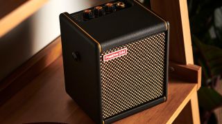 A Positive Grid Spark Mini guitar amp on a shelf