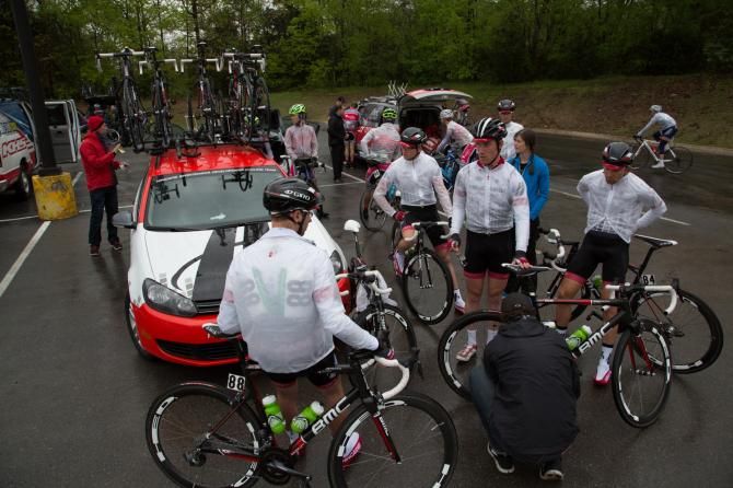 The Hincapie Sportswear Development Team gathers in the team parking area shortly before the start of stage two.